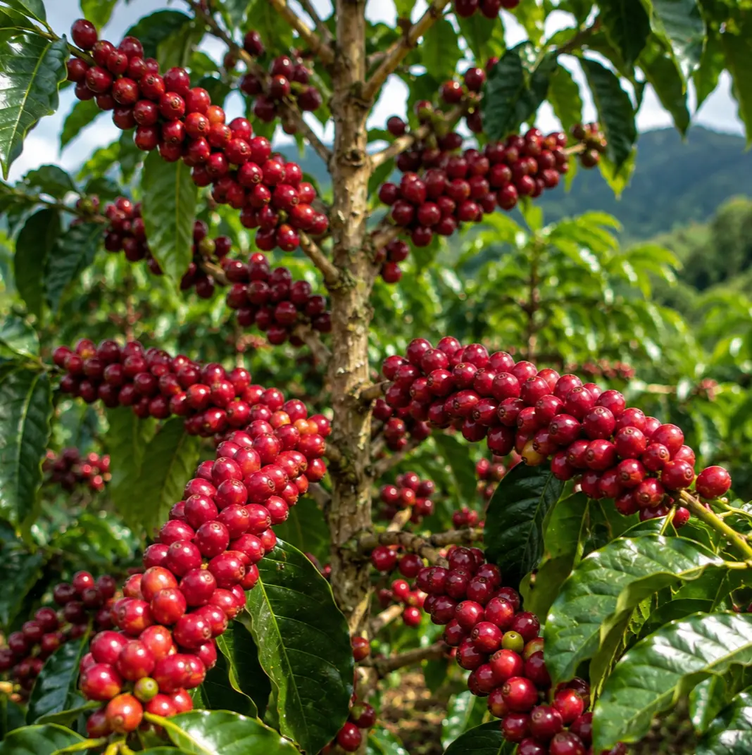 Ripe coffee cherries on a coffee farm