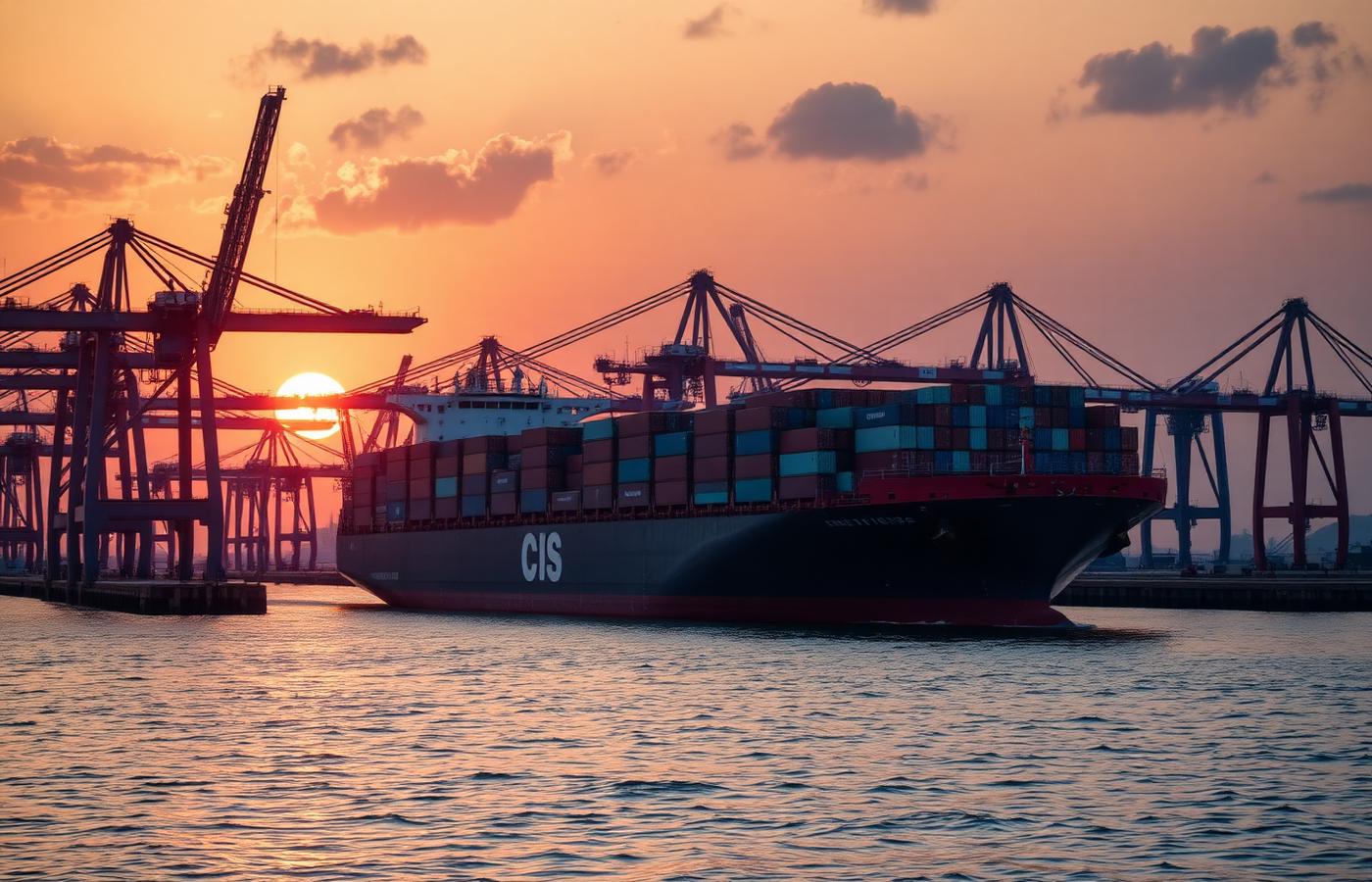 Navio porta-contentores no porto ao pôr do sol