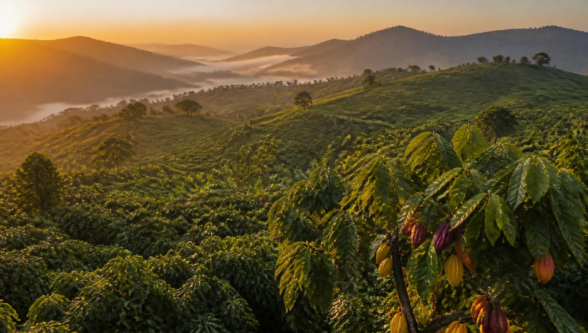 Plantações de cacau e café em Angola ao amanhecer